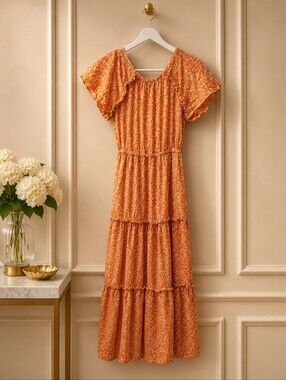 Dee Elly Small Floral Maxi Dress in Orange